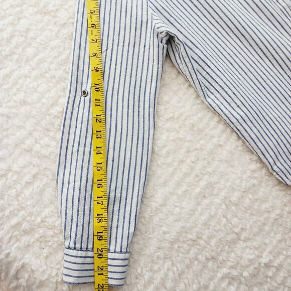 Blouse Size S Navy Linen Button-Up Stripe Preppy Coastal Classic Academia Cruise - Picture 12 of 16